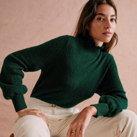 EUC Sézane Rosalia Merino Wool Mock Neck Cable Knit Sweater Green Small - Picture 1 of 8